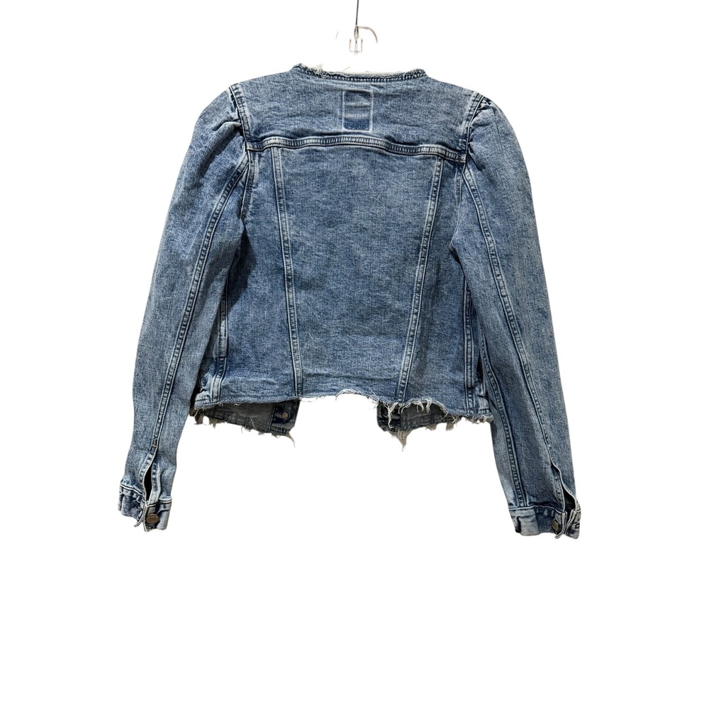 GAP Womens XS Puff Sleeve Collarless Denim Jacket Light Wash Raw Hem C - Picture 2 of 4